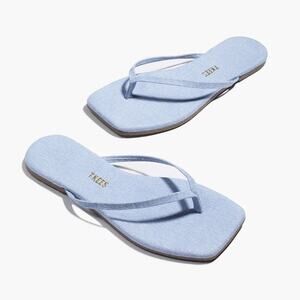 TKEES Denim Square Toe Lily Flat Sandals, Light Blue Wash Size 7 NWOB